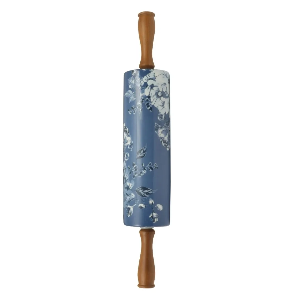 ❤️ New 2025 Pioneer Woman Delilah Blue Ceramic Rolling Pin With Olivewood Handle